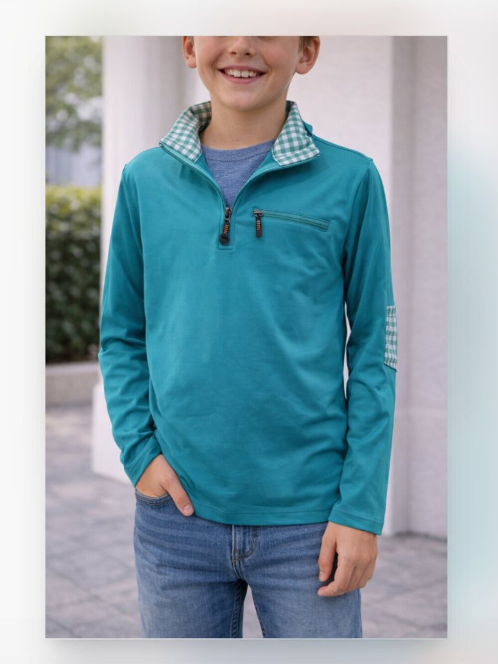 Bella Bliss Shirt Boys 14 Teal Quarter Zip Gingham Collar Elbow Patches Top